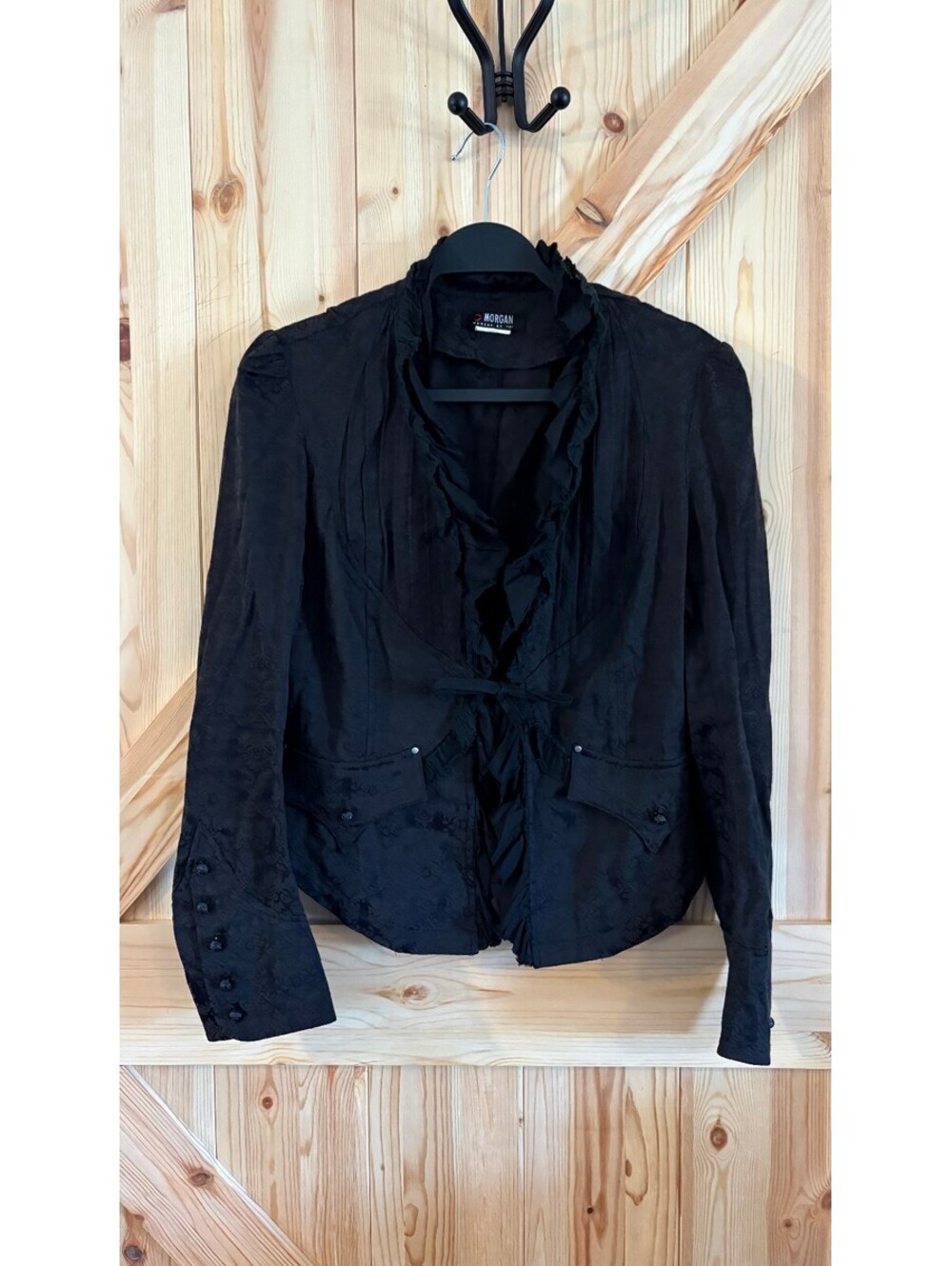 Morgan de Toi Black Jacquard Ruffle Blazer Like Top Small